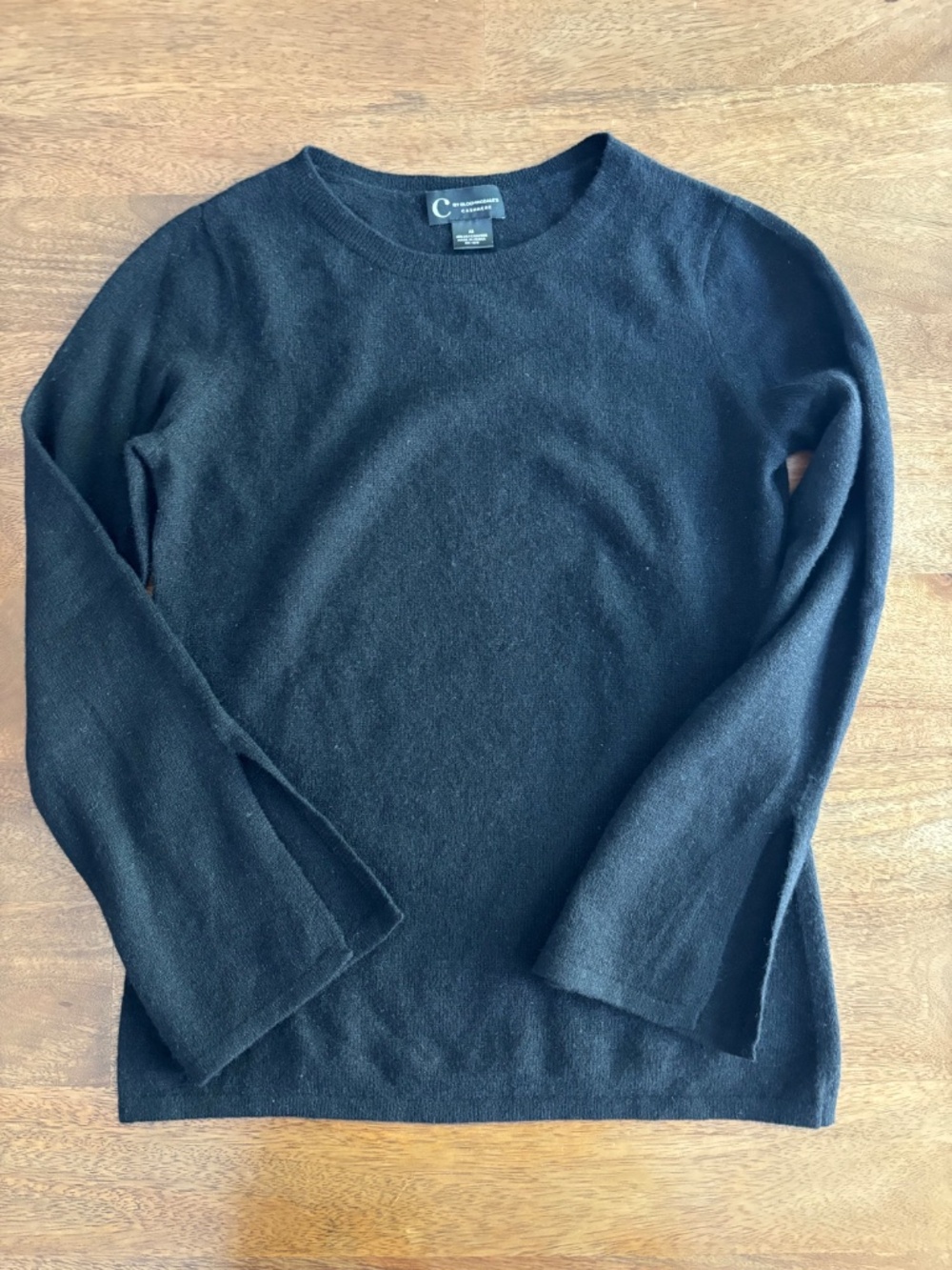 C by Bloomingdale's 100% Cashmere Bell Sleeve Split Cuff Crewneck Sweater Black